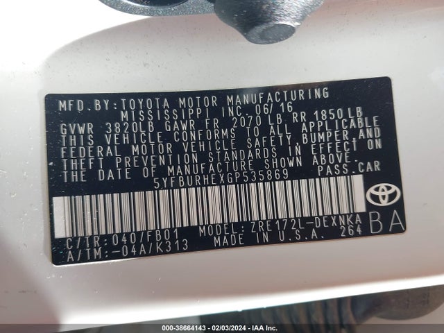 Toyota COROLLA LE 2016 5YFBURHEXGP535869 Image 9
