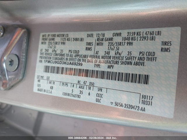 Ford ESCAPE SE 2019 1FMCU9GD3KUA69299 Image 9
