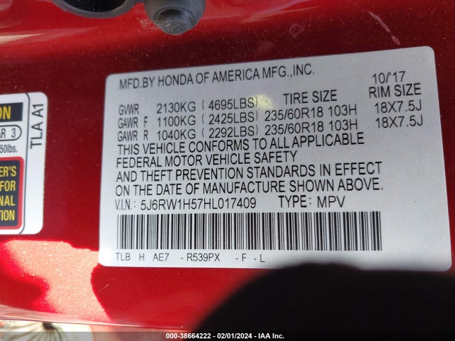 Honda CR-V EX 2017 5J6RW1H57HL017409 Image 9