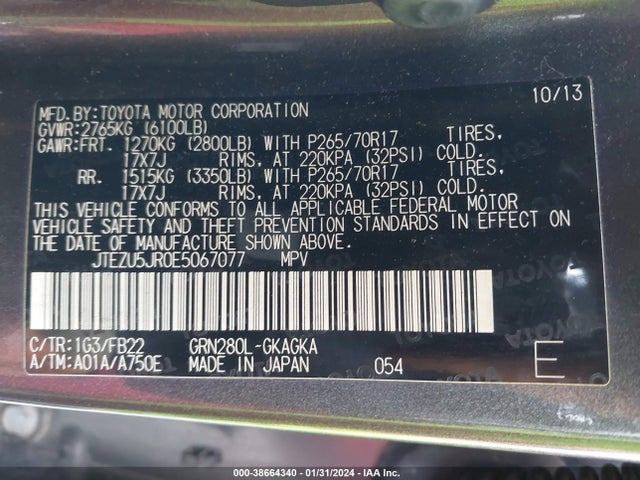 Toyota 4RUNNER SR5 2014 JTEZU5JR0E5067077 Image 9