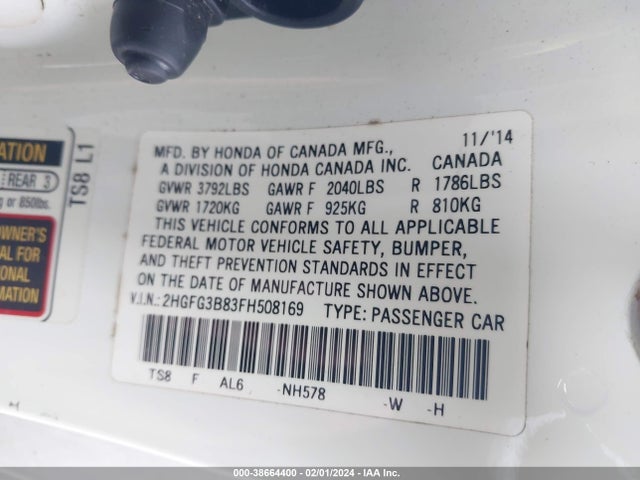 Honda CIVIC EX 2015 2HGFG3B83FH508169 Image 9