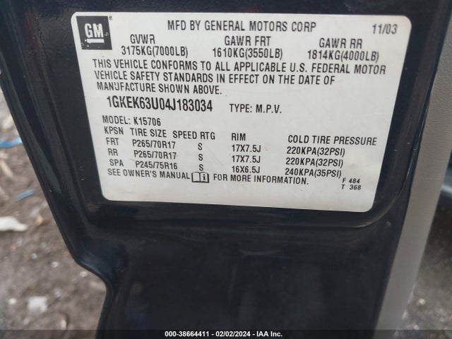 Aukcja sprzedaży 2004 Gmc Yukon Denali, vin: 1GKEK63U04J183034, numer aukcji: 38664411