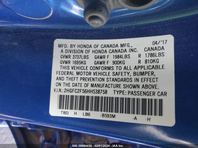 Honda Civic Lx 2017 2HGFC2F56HH538758 Image 9