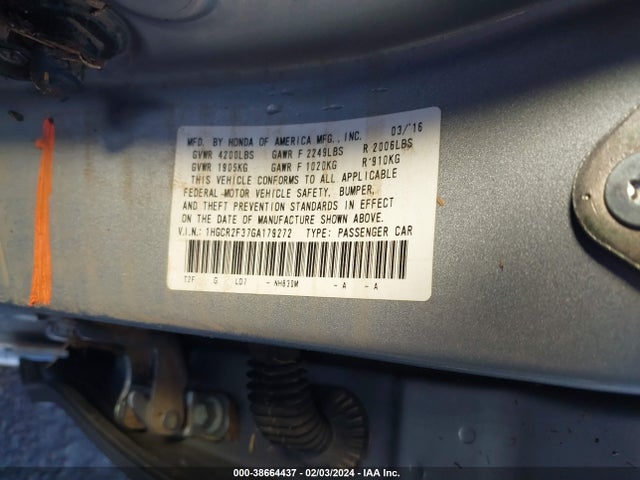 Honda ACCORD LX 2016 1HGCR2F37GA179272 Image 9