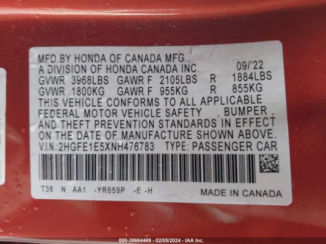 2HGFE1E5XNH476783 Honda CIVIC SI SEDAN