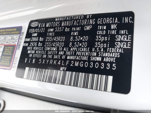 2021 KIA SORENTO SX VIN: 5XYRK4LF2MG030335