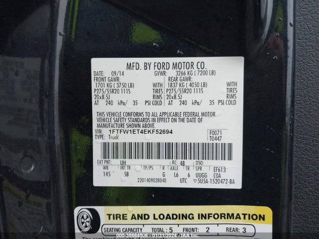 Ford F-150 Fx4 2014 1FTFW1ET4EKF52694 Image 9