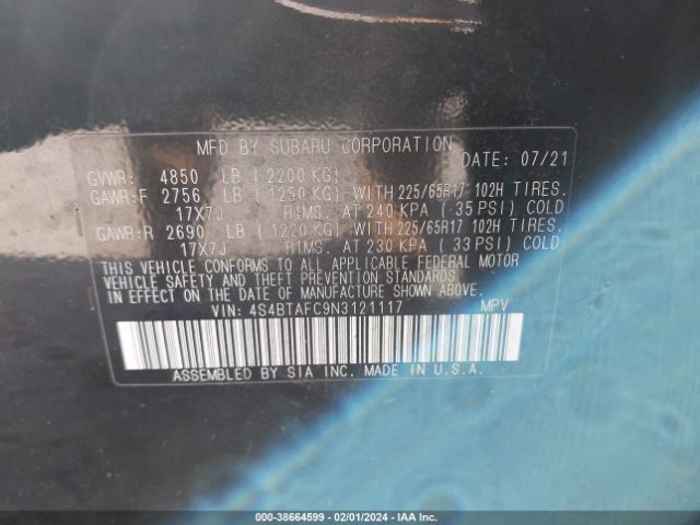 4S4BTAFC9N3121117 Subaru Outback Premium