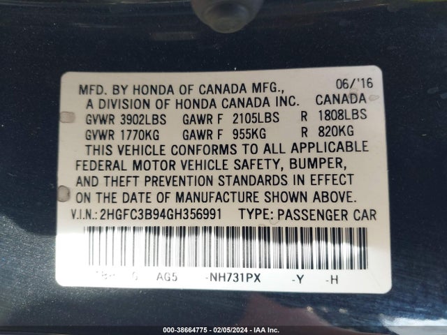 Honda Civic Touring 2016 2HGFC3B94GH356991 Image 9
