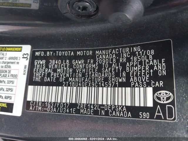 2009 TOYOTA COROLLA S VIN: 2T1BU40EX9C145971