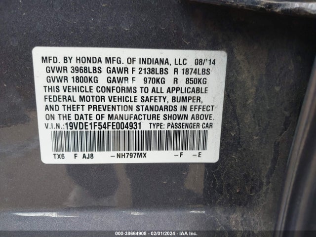 Acura Ilx 2.0l 2015 19VDE1F54FE004931 Image 9