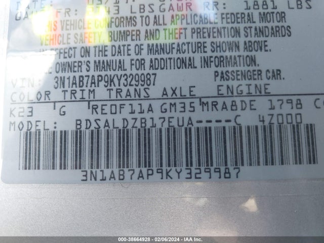 Nissan SENTRA SV 2019 3N1AB7AP9KY329987 Image 9