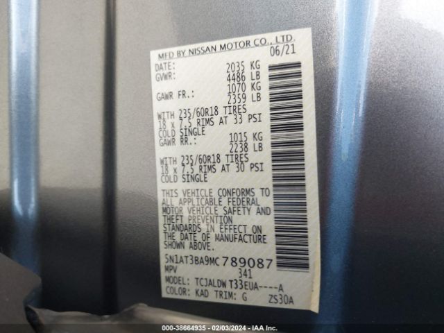 5N1AT3BA9MC789087 Nissan Rogue Sv Fwd