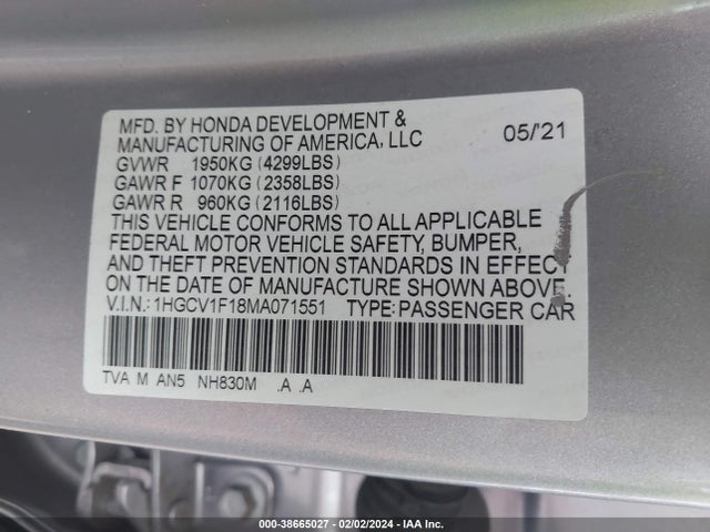 Honda ACCORD LX 2021 1HGCV1F18MA071551 Image 9