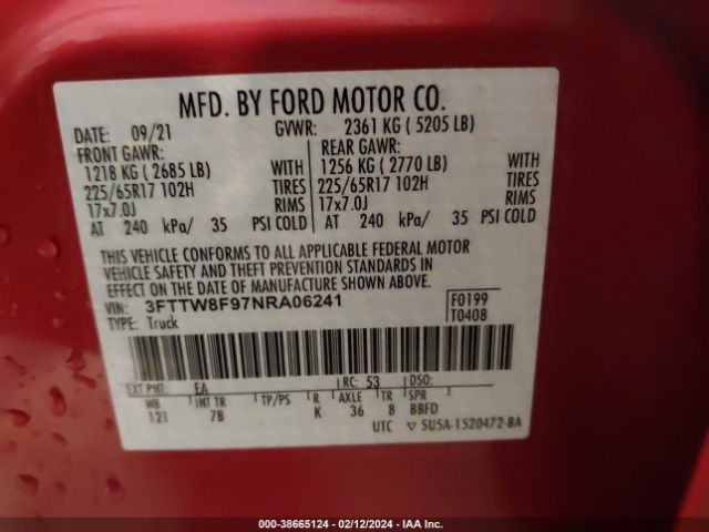 3FTTW8F97NRA06241 Ford Maverick Xlt