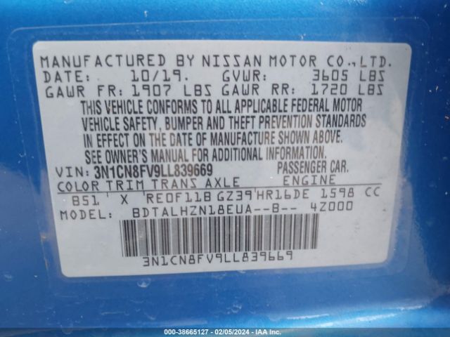 3N1CN8FV9LL839669 Nissan Versa Sr Xtronic Cvt