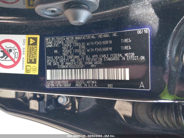Toyota Highlander Le V6 2016 5TDBKRFH5GS300581 Image 9