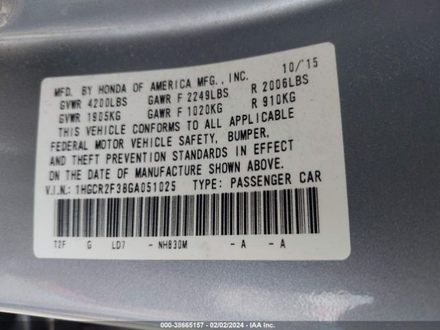 1HGCR2F38GA051025 Honda ACCORD LX