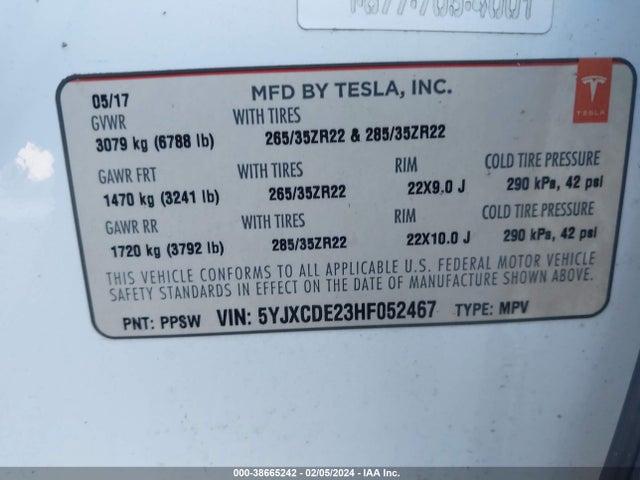 5YJXCDE23HF052467 Tesla Model X 100d/75d/90d
