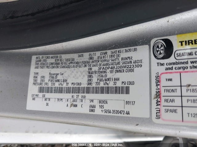 2011 FORD FIESTA SE VIN: 3FADP4BJ3BM223309