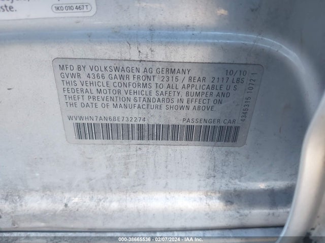 2011 VOLKSWAGEN CC LUX PLUS VIN: WVWHN7AN6BE732274