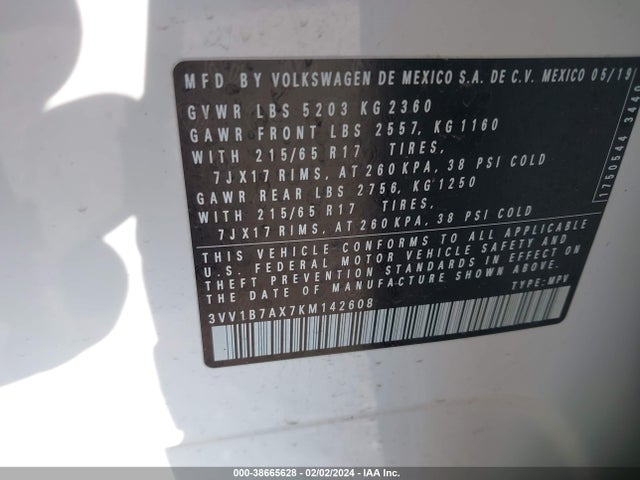 3VV1B7AX7KM142608 Volkswagen Tiguan 2.0t S