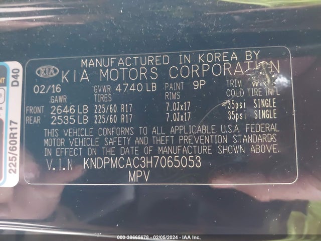 2017 KIA SPORTAGE LX VIN: KNDPMCAC3H7065053