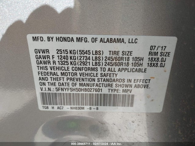 2017 HONDA PILOT EX-L VIN: 5FNYF5H50HB027601