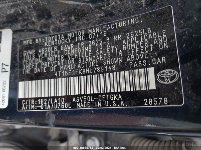 Toyota CAMRY XLE 2017 4T1BF1FK8HU289148 Image 9