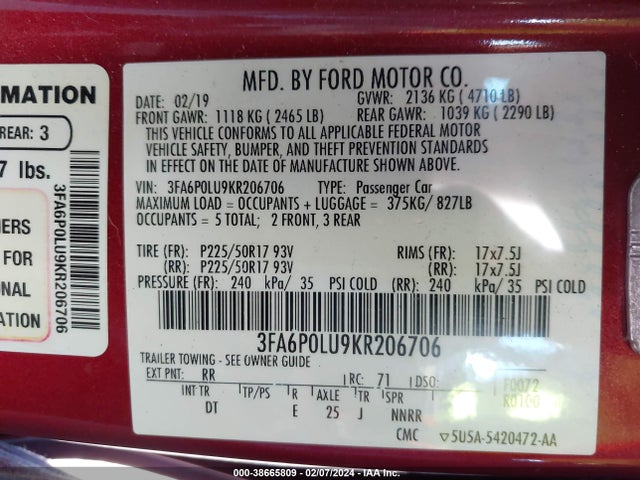 Ford Fusion Hybrid Se 2019 3FA6P0LU9KR206706 Image 9