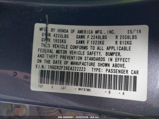 Honda ACCORD LX 2014 1HGCR2F36EA222223 Image 9