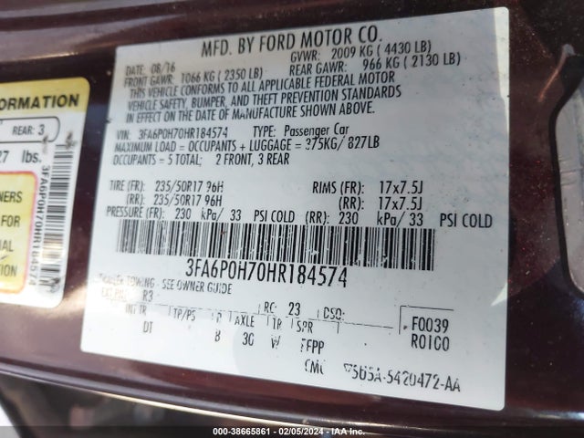 Ford FUSION SE 2017 3FA6P0H70HR184574 Image 9