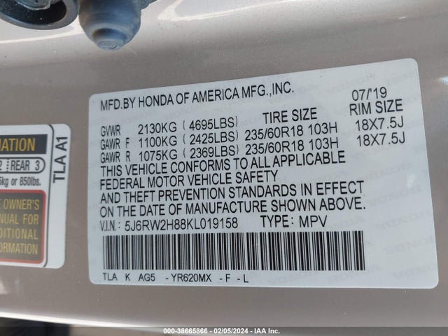Honda Cr-v Ex-l 2019 5J6RW2H88KL019158 Image 9
