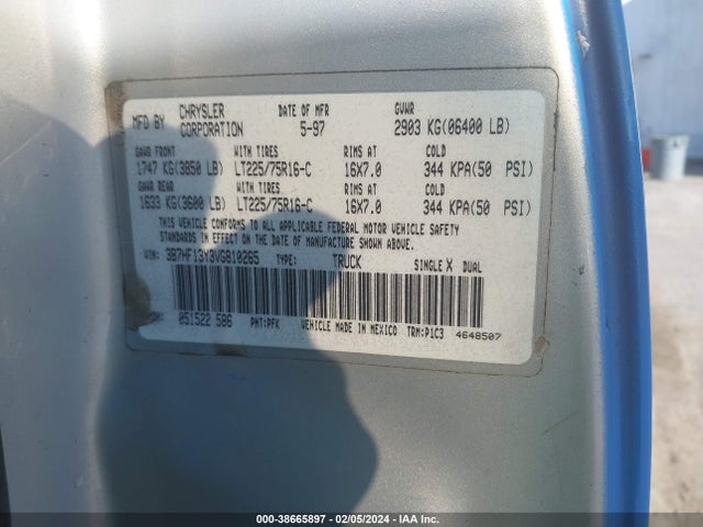 1997 DODGE RAM 1500 ST VIN: 3B7HF13Y3VG810265