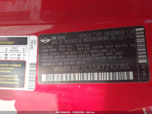 2010 MINI COOPER WMWMF3C53ATZ62086 Photo 8