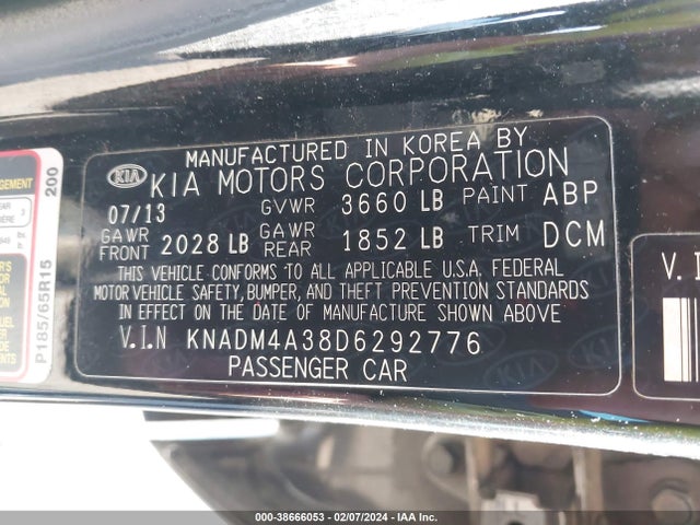 2013 KIA RIO LX VIN: KNADM4A38D6292776