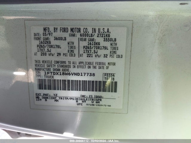 1997 FORD F-150 LARIAT/XL/XLT VIN: 1FTDX18W6VND17738