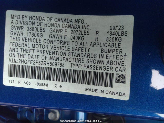 Honda Civic Sport 2024 2HGFE2F52RH509768 Image 9