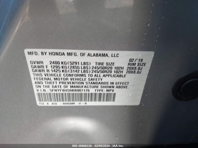 5FNYF8H59KB007176 Honda Passport Ex-l