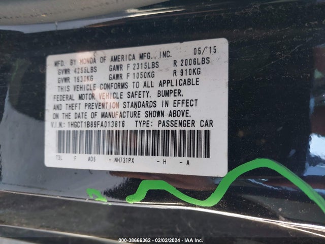 2015 HONDA ACCORD EX-L VIN: 1HGCT1B89FA013816