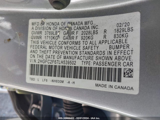 Honda Civic Lx 2020 2HGFC2F67LH539502 Image 9