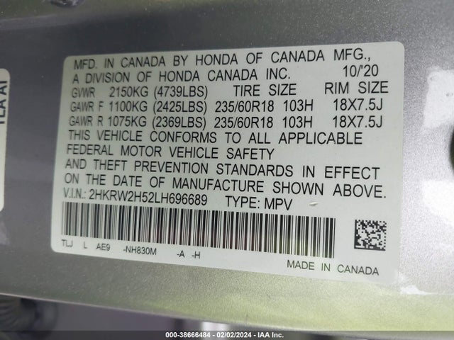 Honda Cr-v Awd Ex 2020 2HKRW2H52LH696689 Image 9