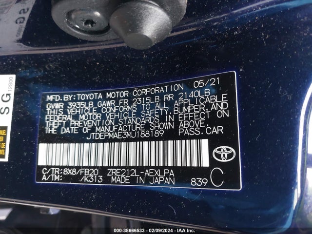 Toyota COROLLA LE 2021 JTDEPMAE3MJ188189 Image 9