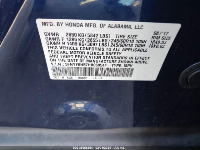 5FNYF6H57HB069544 Honda Pilot Ex-l