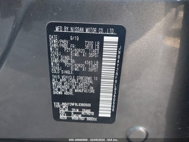Nissan Armada Platinum 2wd 2020 JN8AY2NF6L9360500 Image 9