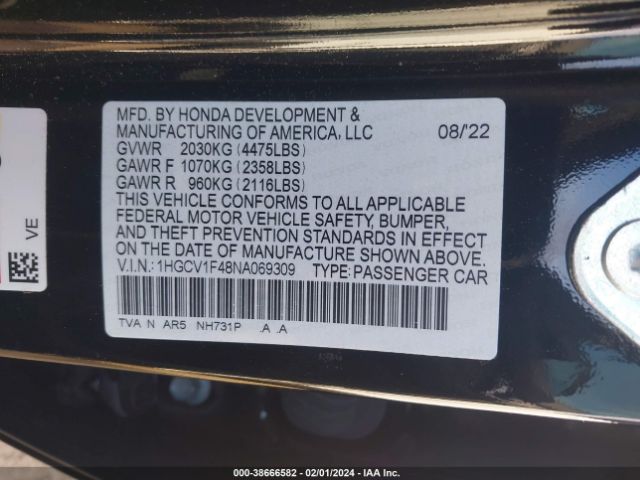 1HGCV1F48NA069309 Honda Accord Sport Special Edition
