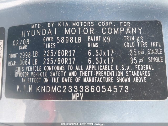 2008 HYUNDAI ENTOURAGE GLS/LIMITED VIN: KNDMC233386054573