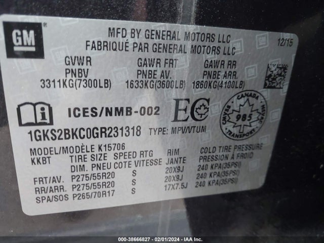GMC YUKON SLT 2016 1GKS2BKC0GR231318 Image 9