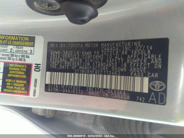 2014 TOYOTA COROLLA S PLUS VIN: 2T1BURHE8EC112463