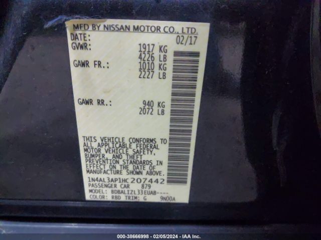 1N4AL3AP1HC207442 Nissan Altima 2.5 Sv